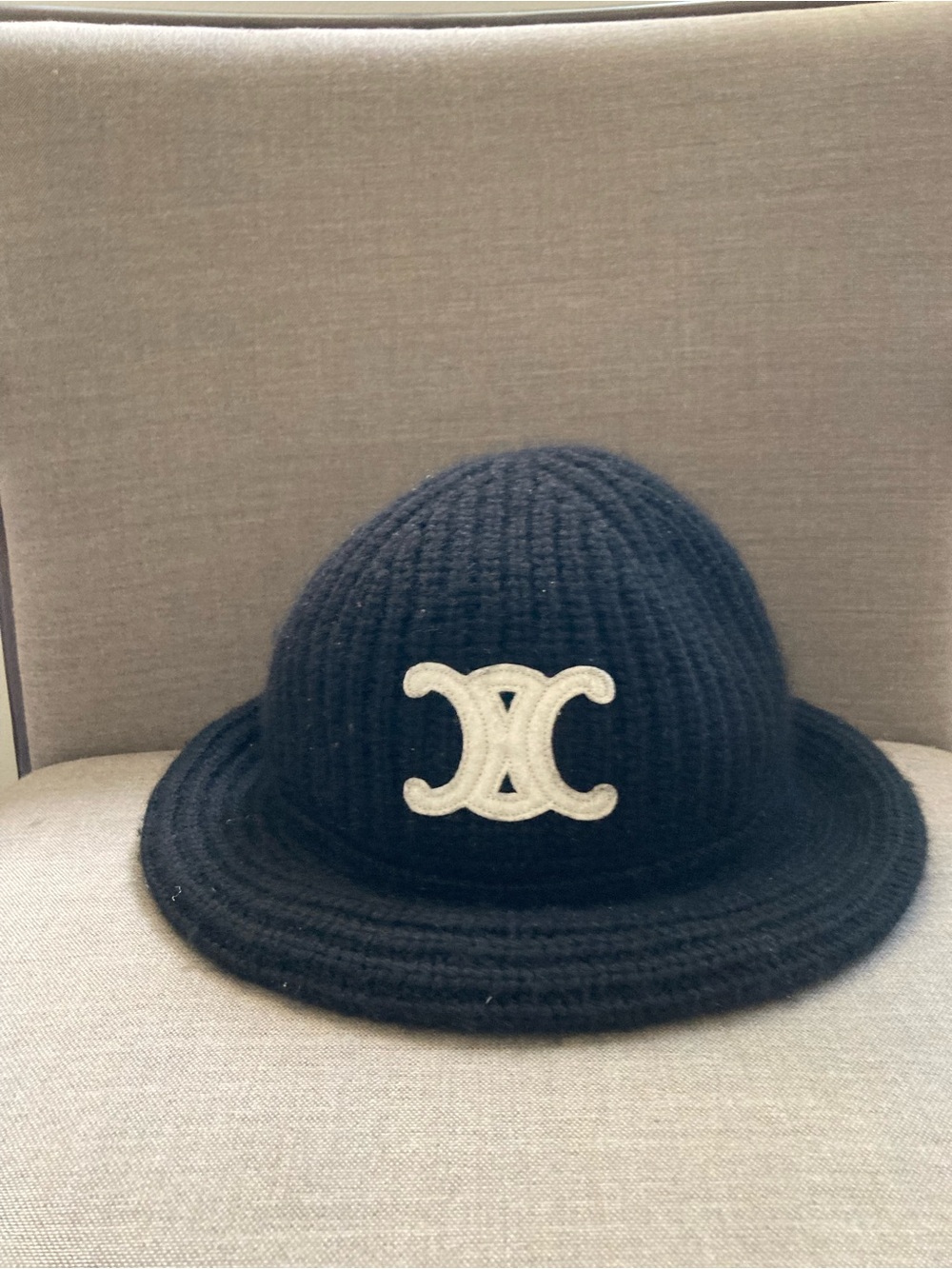 Celine Kids Black Knit Bucket Hat with Cream Logo Patch